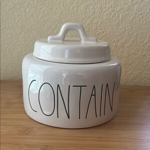 Rae Dunn White Ceramic Storage Canister, with the print CONTAIN, EUC